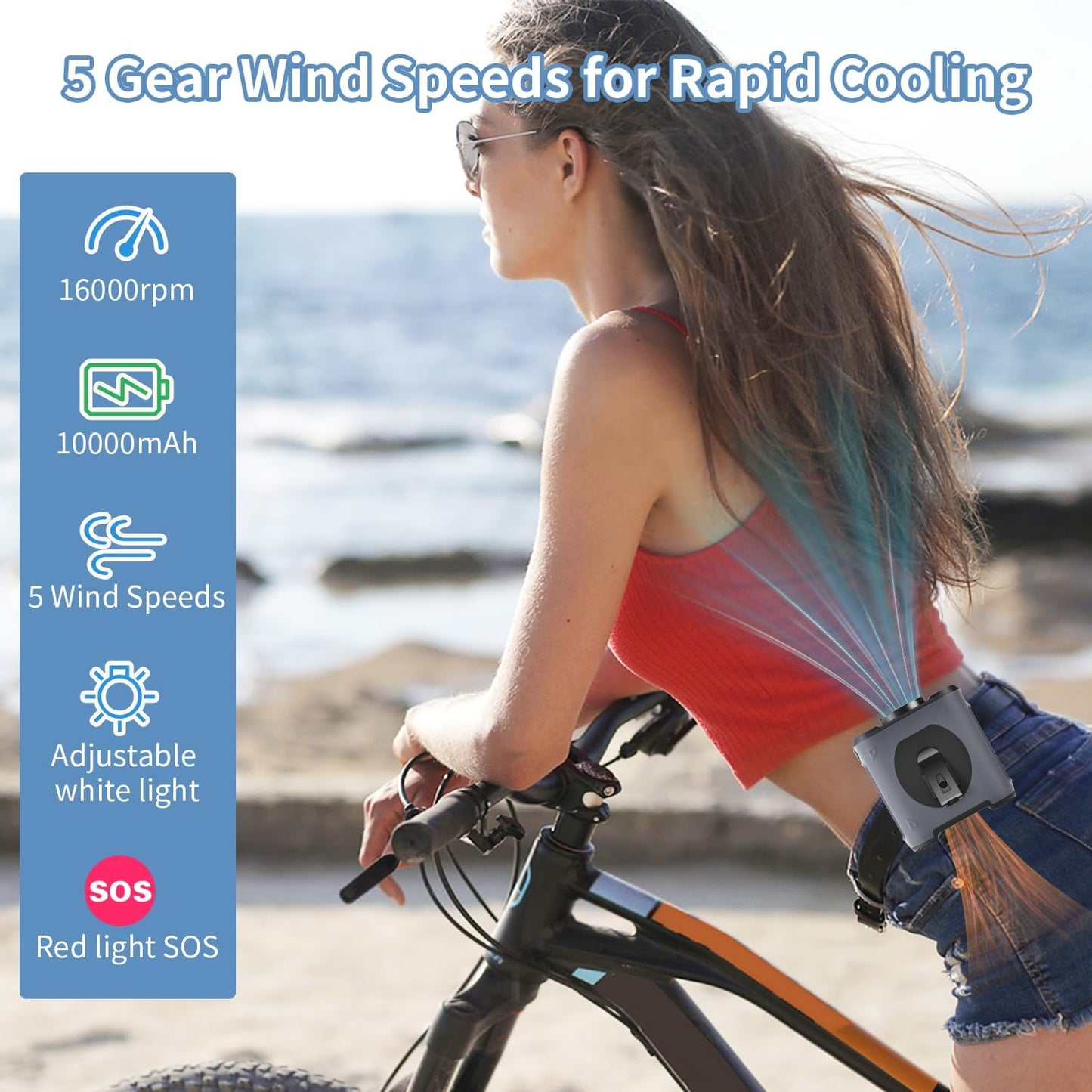 Portable Waist Fan Clip on 10000Mah Wearable Belt Personal Fan 16000RPM Rechargeable Battery Operated with 5 Speeds Wind and Light 25H Hands-Free for Cooling Outdoor Camping (Grey)