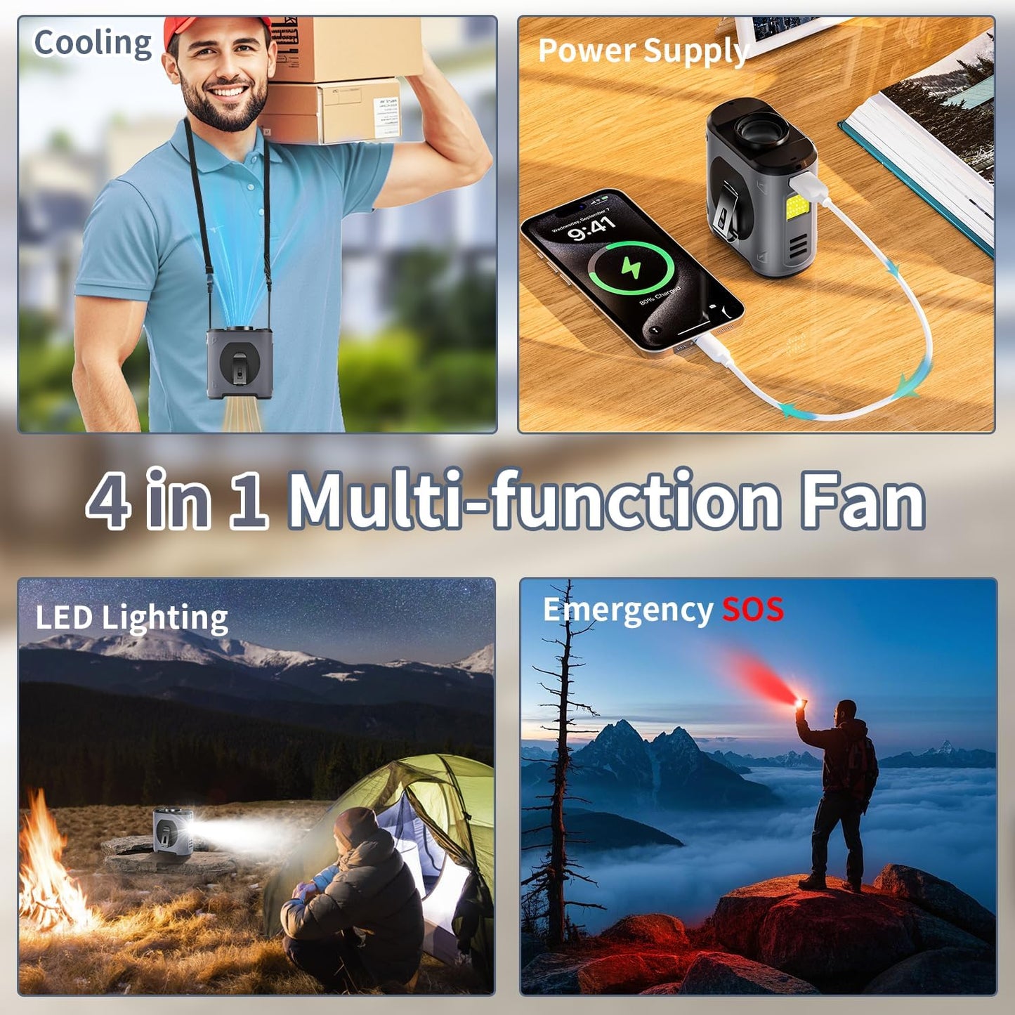 Portable Waist Fan Clip on 10000Mah Wearable Belt Personal Fan 16000RPM Rechargeable Battery Operated with 5 Speeds Wind and Light 25H Hands-Free for Cooling Outdoor Camping (Grey)